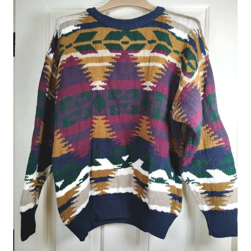 Structure Vintage 90s Aztec Geometric Cotton Crewneck Sweater Men M